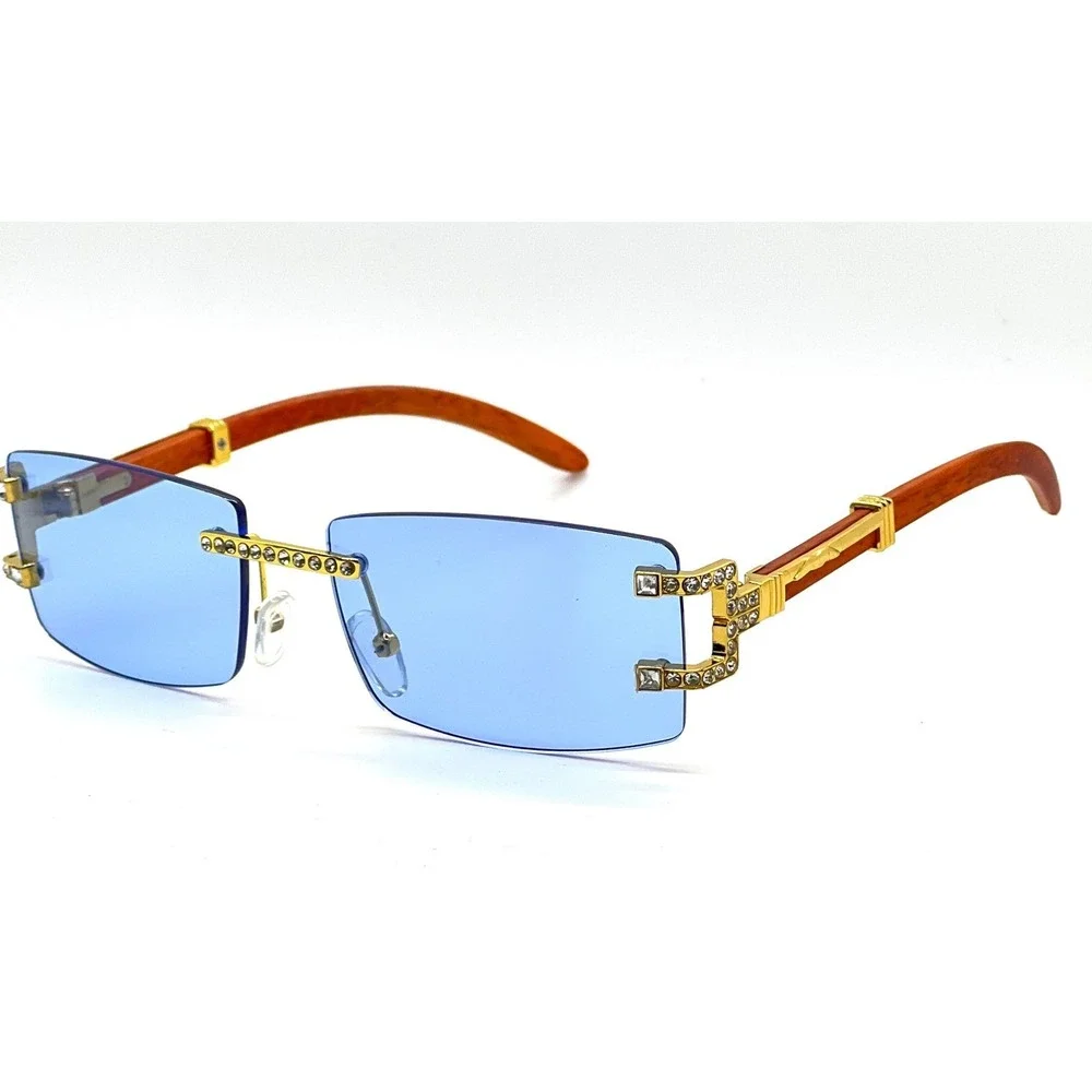 Rimless‎ Sunglasses Men Rectangle Blue Lens Wood Grain Arm Fashion Shades